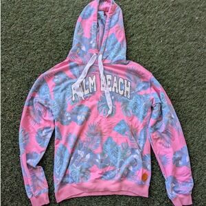 Pink Floral Tropical Print Hoodie Palm Beach Sweatshirt Womens M Coastal NWOT